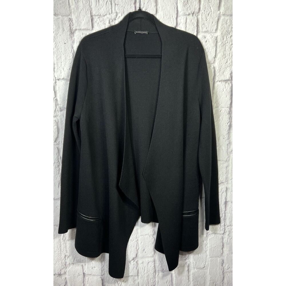 Eileen Fisher Minimalist MERINO Wool Open-Front Cardigan Pockets Leather Trim L
